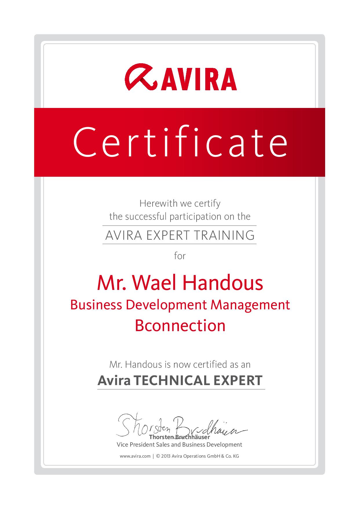 Avira Technical Expert certificate for Wael Handous