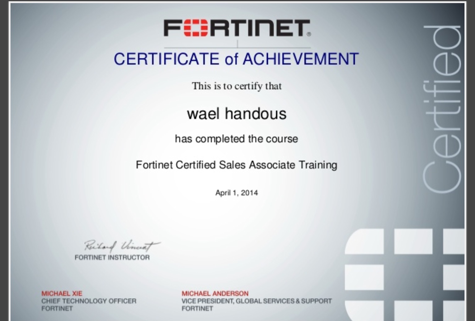 Fortinet certificate for Wael Handous
