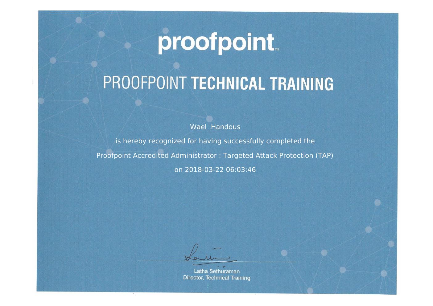Proofpoint TAP certificate for Wael Handous